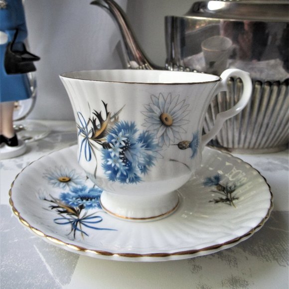 Fine Bone China Mug & Saucer Blue Flowers by Royal Windsor, England - Picture 1 of 13